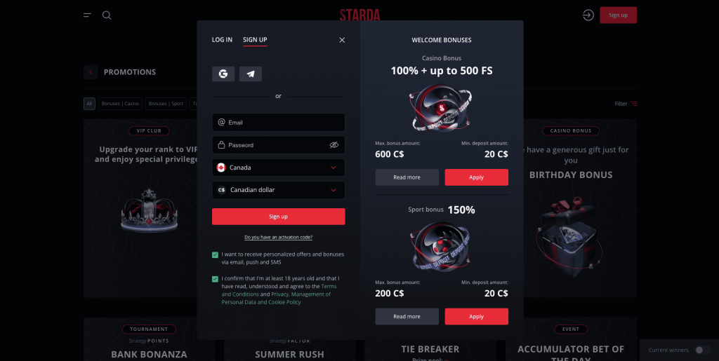 Starda Casino Registration form