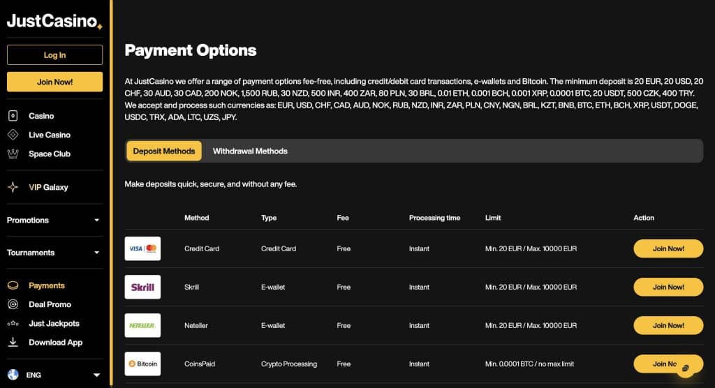 justcasino payment methods