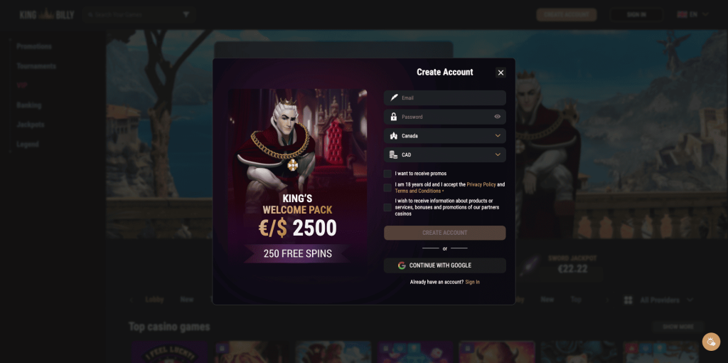 King Billy Casino Registration
