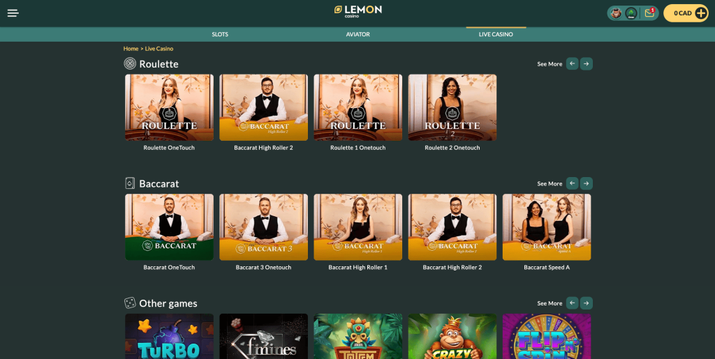 Lemon Casino Live Games