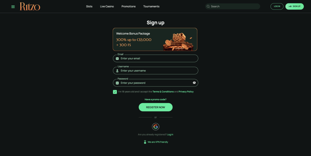 Ritzo Casino Registration