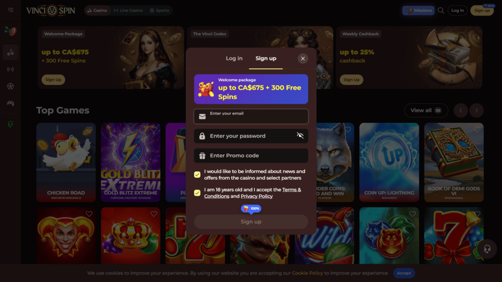 Vincispin casino registration