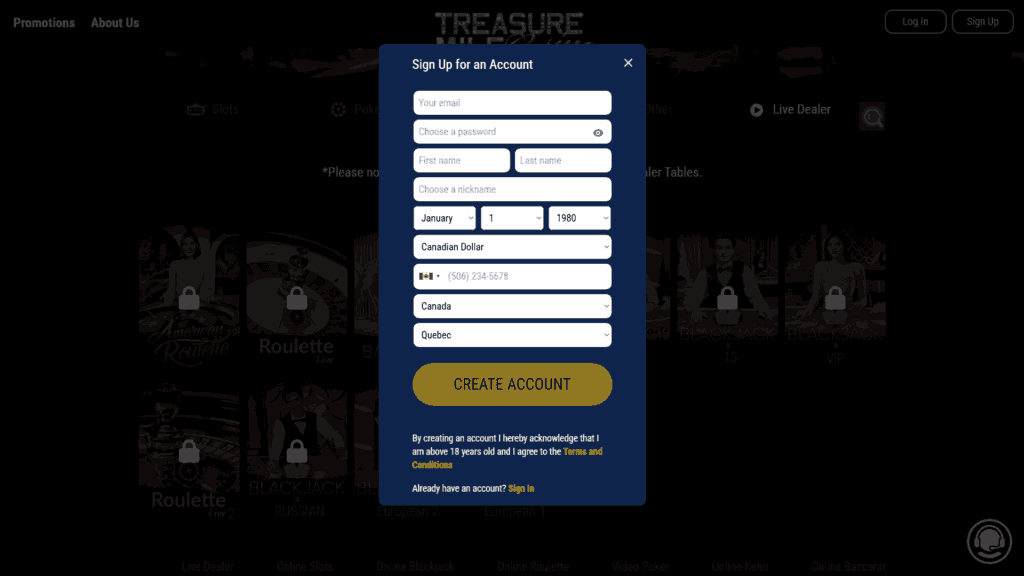 Treasure Mile casino registration