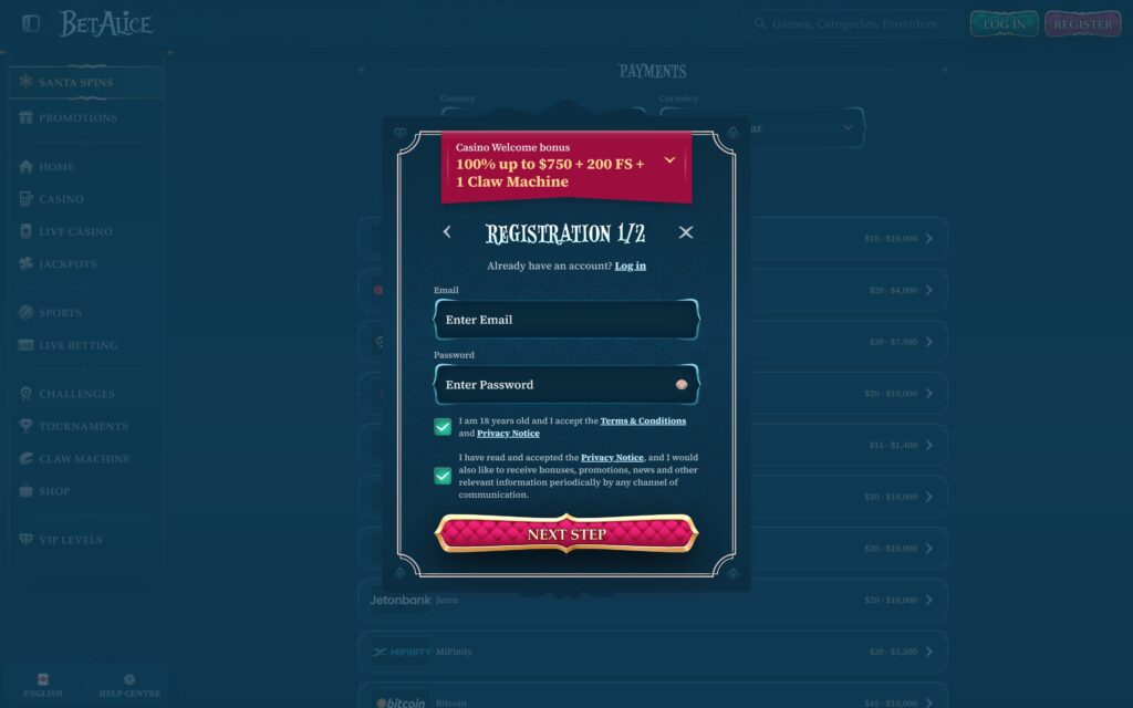 BetAlice casino registration