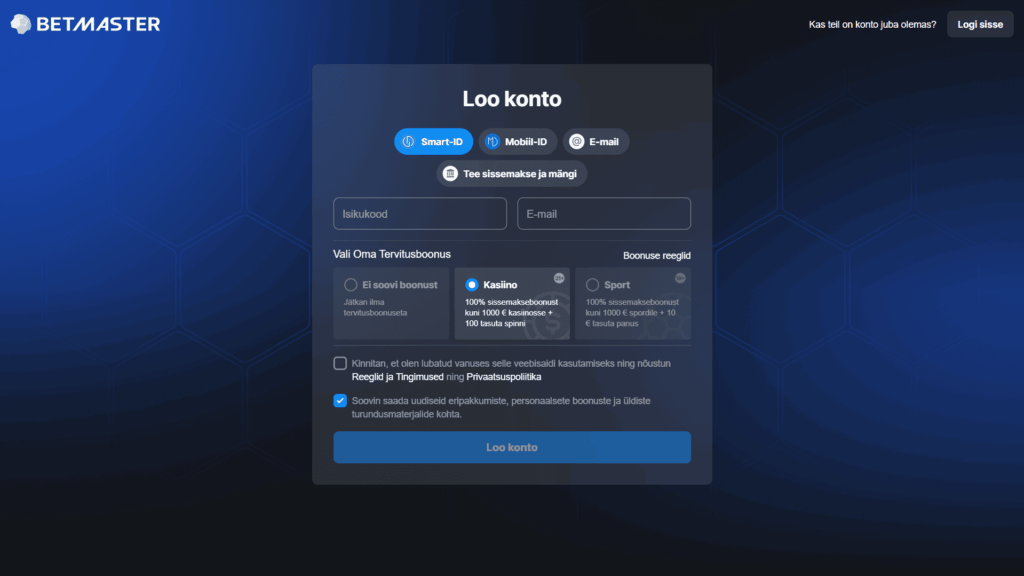 Betmaster kasiino registreerimine