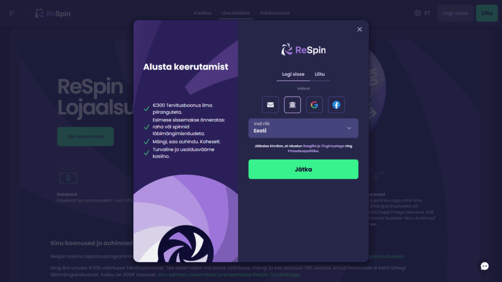 ReSpin kasiino registreerimine