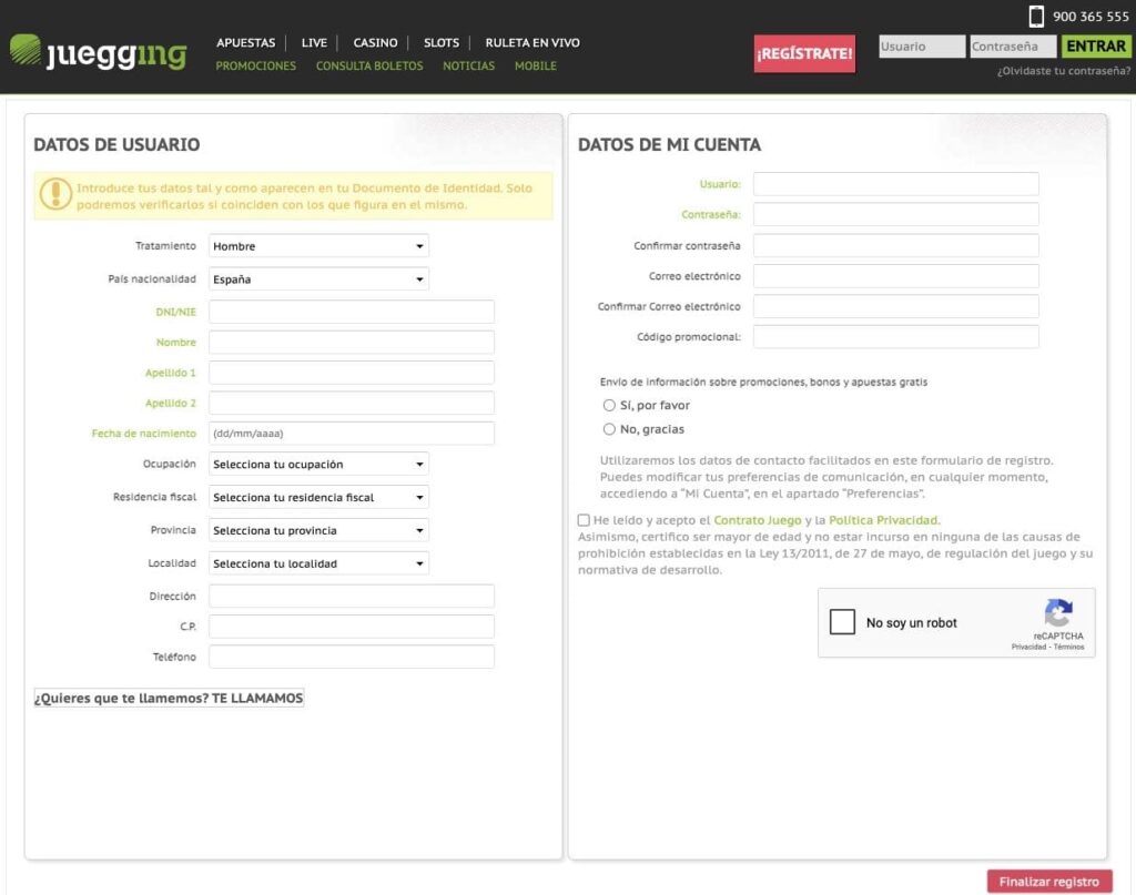 Juegging casino registro