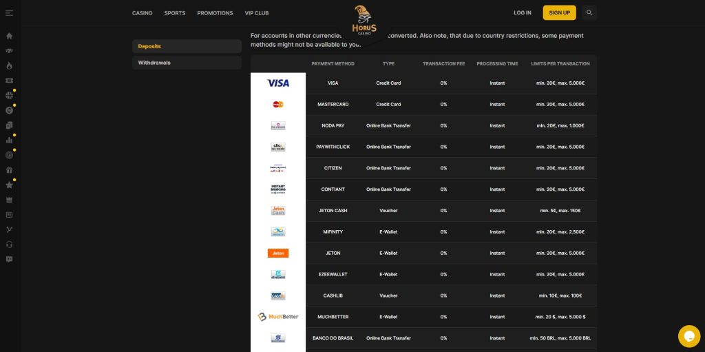 horus casino Μέθοδοι πληρωμής