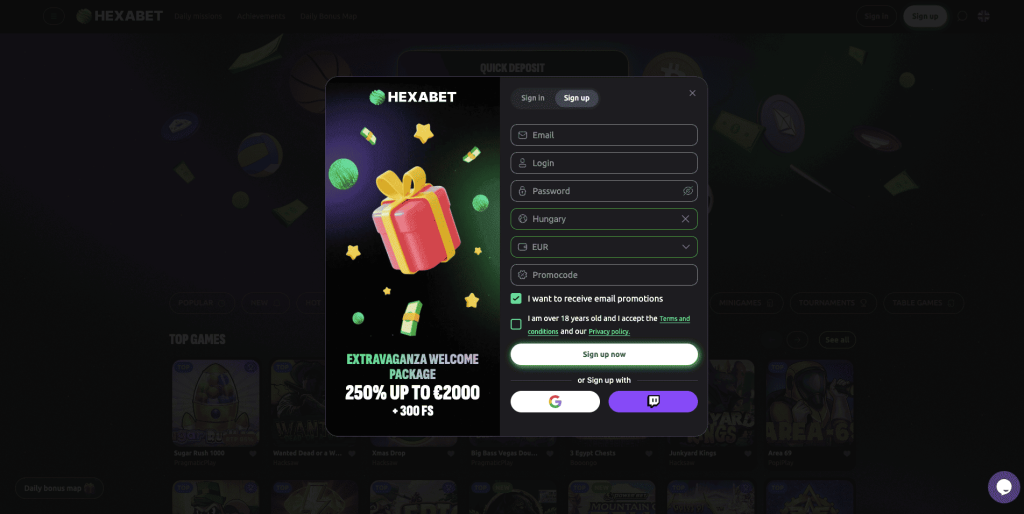 Hexabet Casino regisztráció