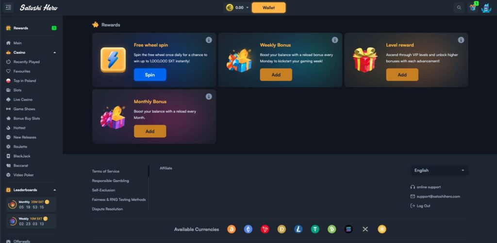 Satoshi Hero Casino bónuszok