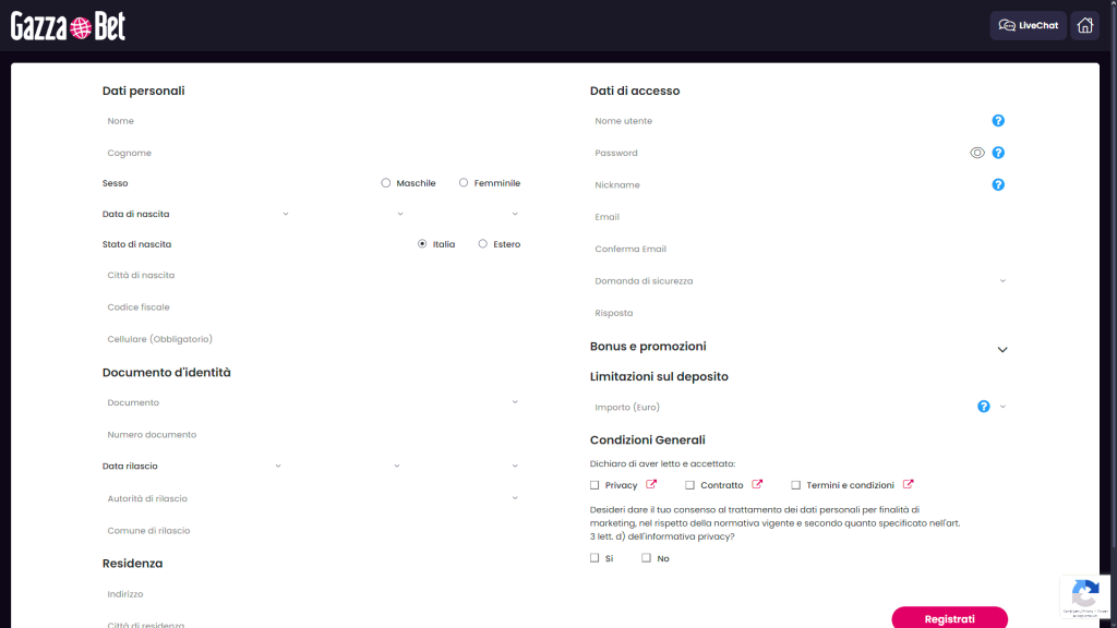 Registrazione al casinò GazzaBet
