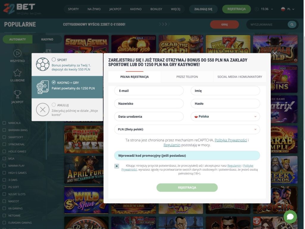 22Bet casino rejestracja
