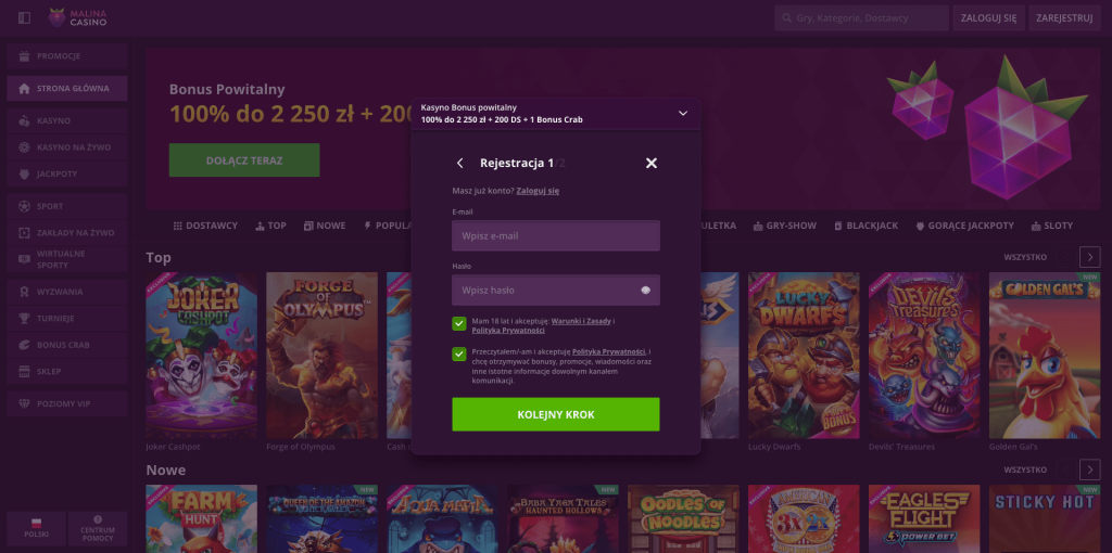Malina casino rejestracja konta