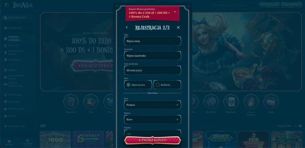 BetAlice casino rejestracja konta