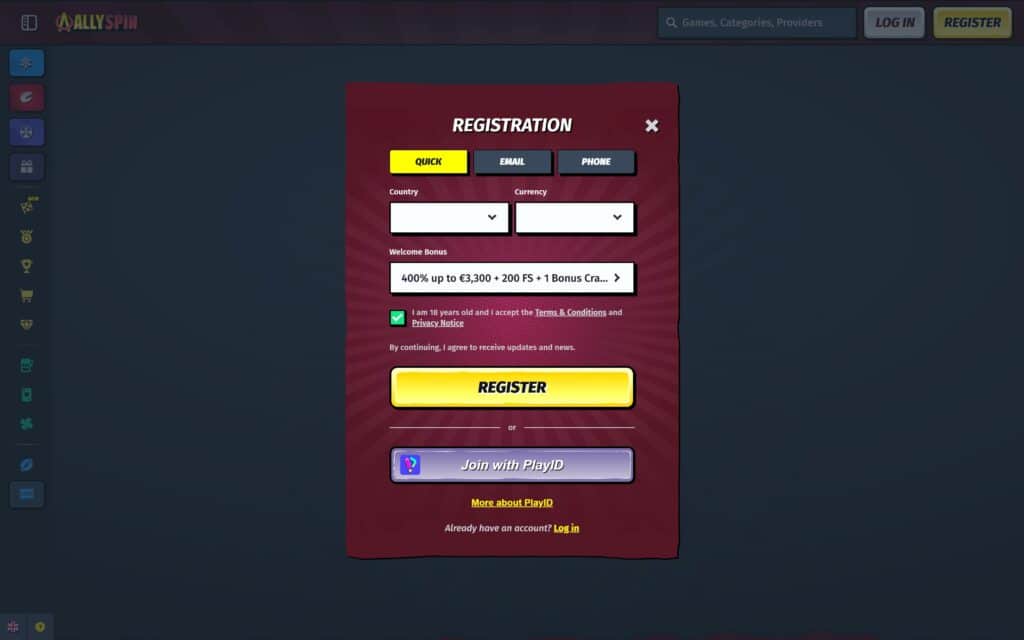 AllySpin casino registration