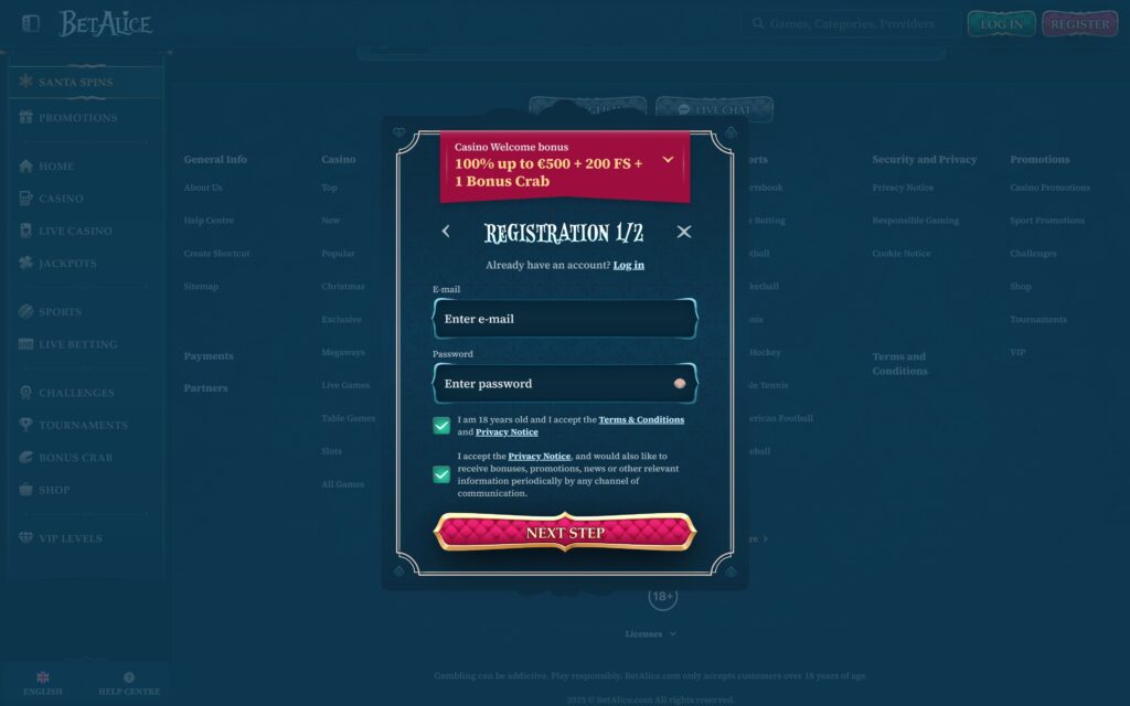 BetAlice casino registration