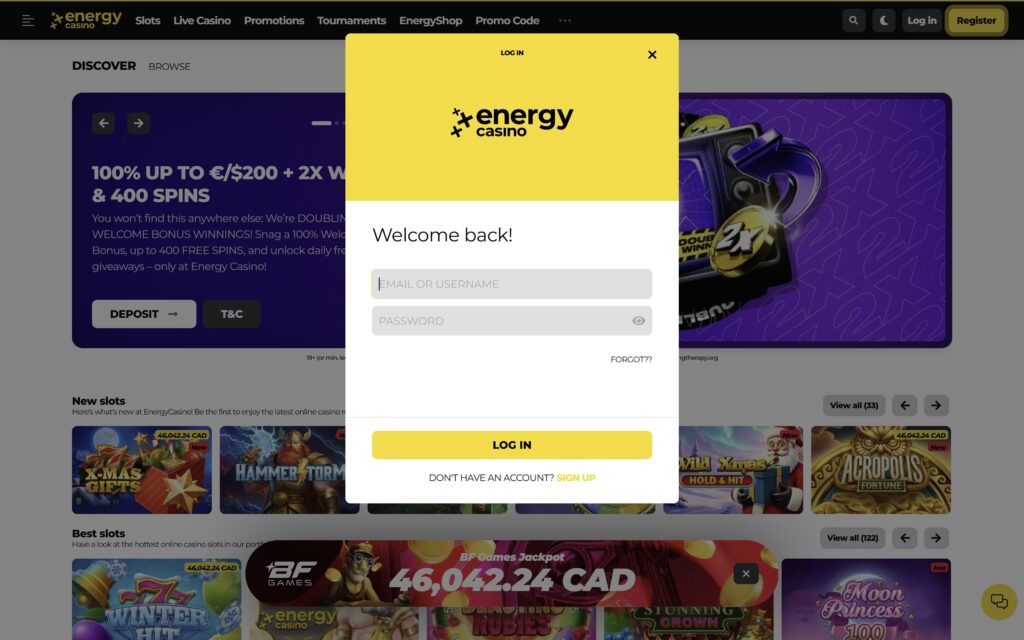 Energy casino registration