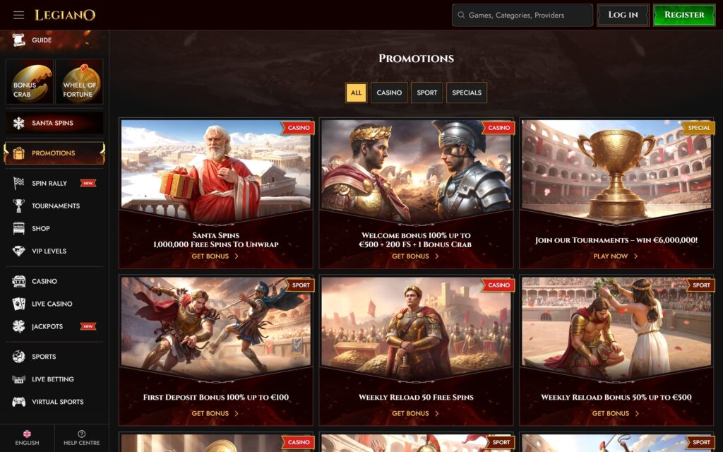 Legiano casino bonuses