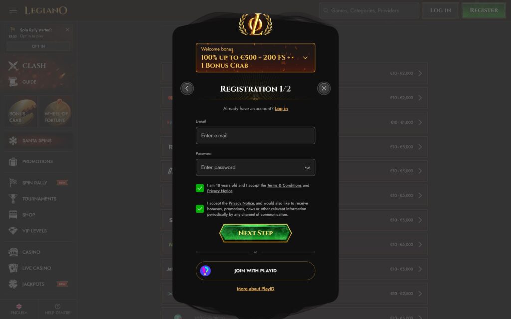 Legiano casino registration