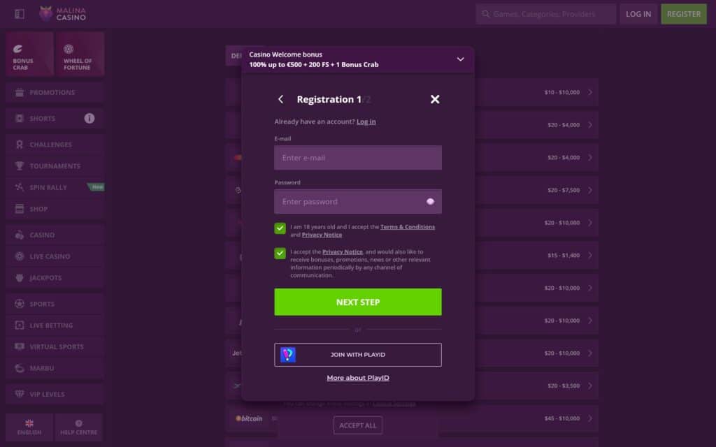 Malina casino registration