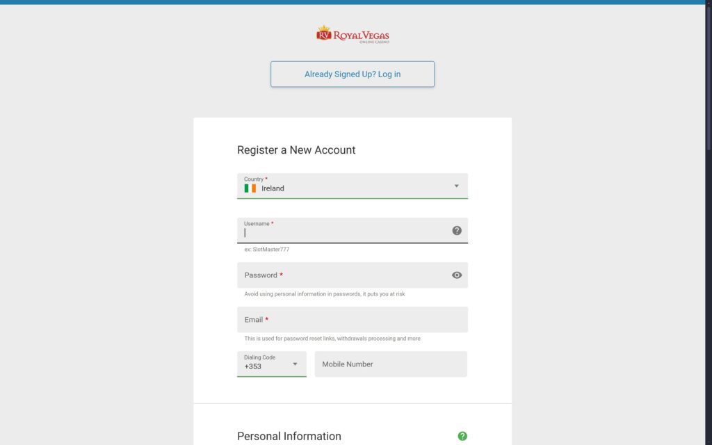 Royal Vegas casino registration