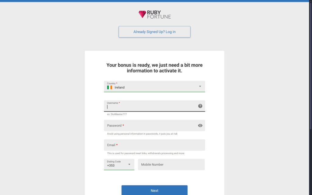 Ruby Fortune casino registration