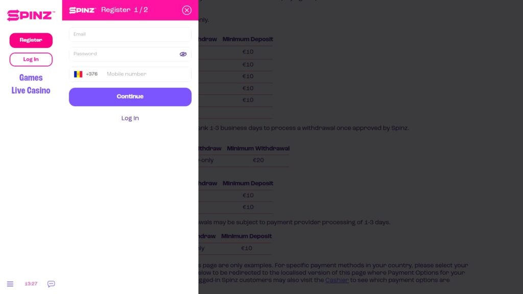 Spinz casino registration