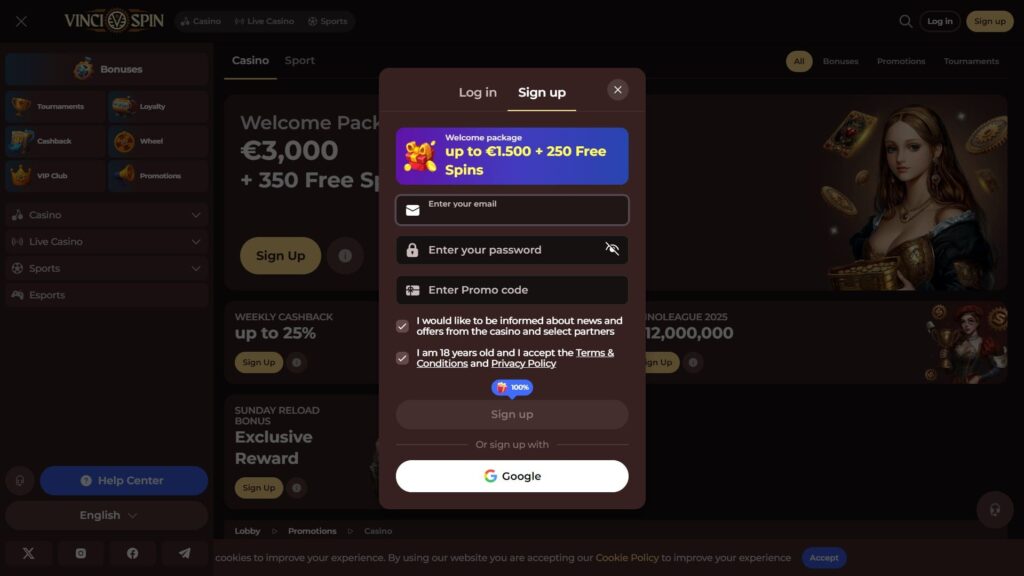 VinciSpin casino registration