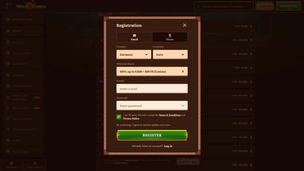 WildRobin casino registration