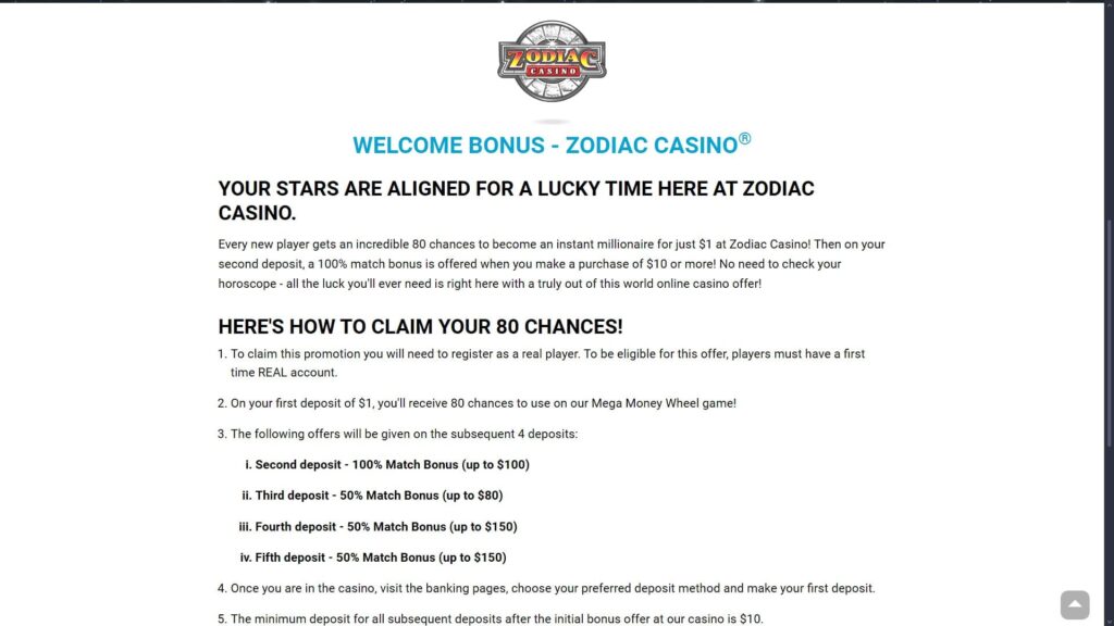 Zodiac casino bonuses