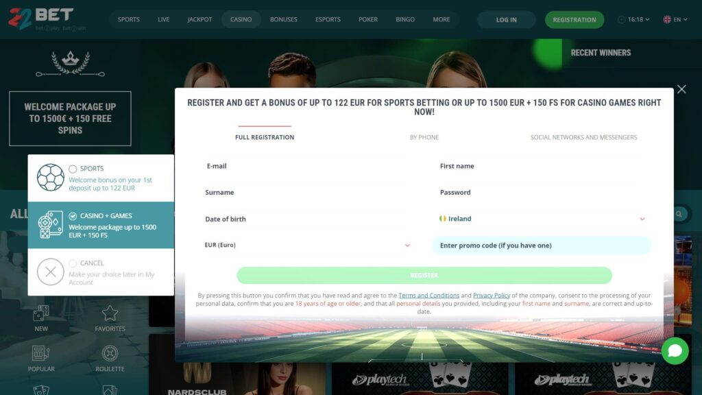 22bet casino registration