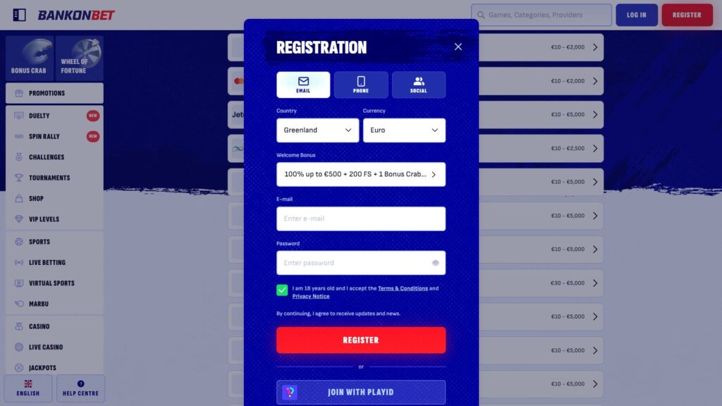 Bankonbet casino registration