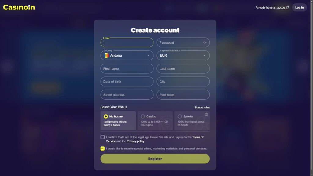 Casinoin casino registration