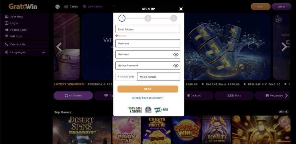 Gratowin casino registration