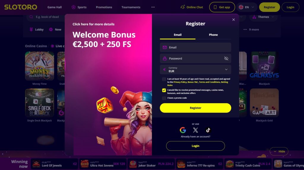 Slotoro casino registration