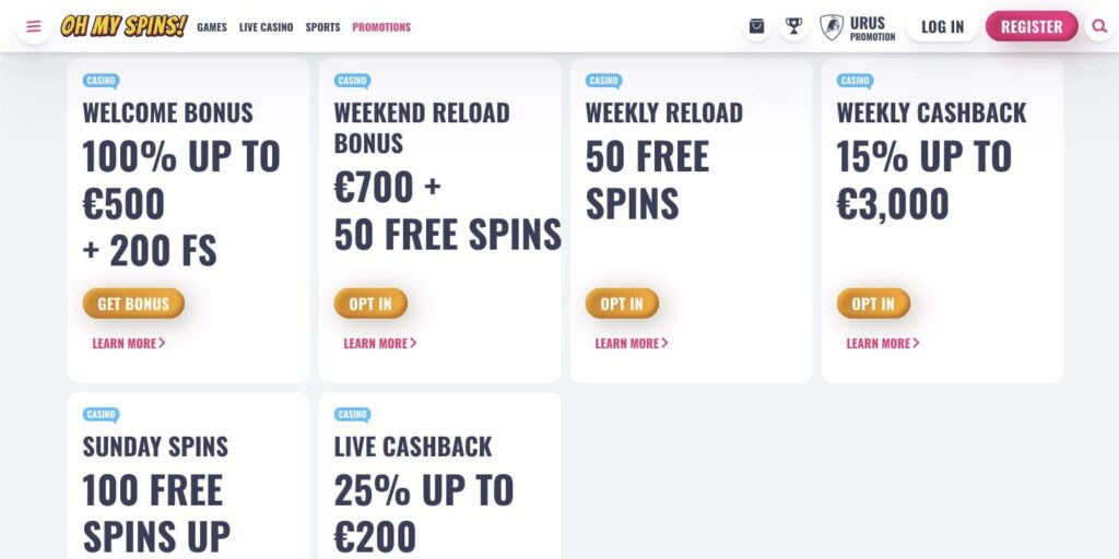 Oh My Spins casino bonuses